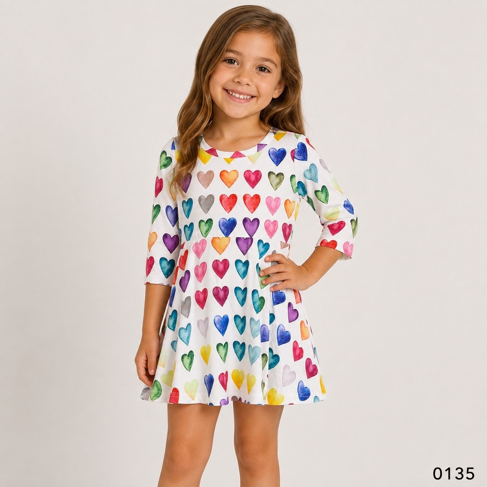 Toddler Girls Watercolor Rainbow Heart Print 3/4 Sleeve Fit Flare Dress White 3T